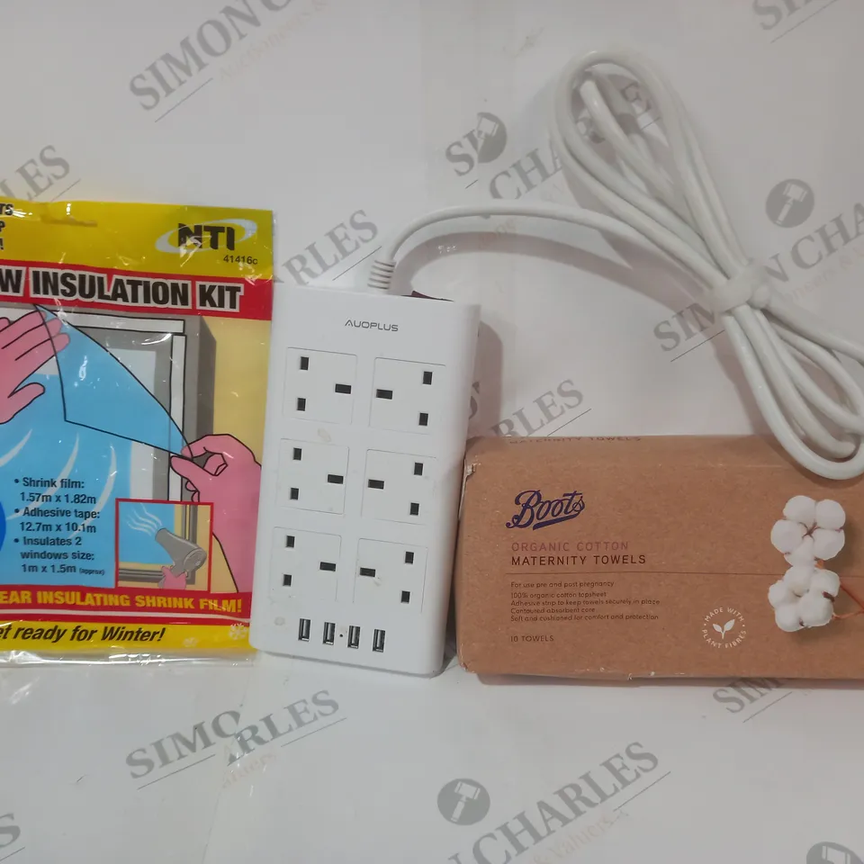 BOX OF APPROXIMATELY 20 ASSORTED HOUSEHOLD ITEMS TO INCLUDE ORGANIC COTTON MATERNITY TOWELS, AUOPLUS 6-GANG SOCKET AND USB EXTENSION CABLE, WINDOW INSULATION KIT, ETC