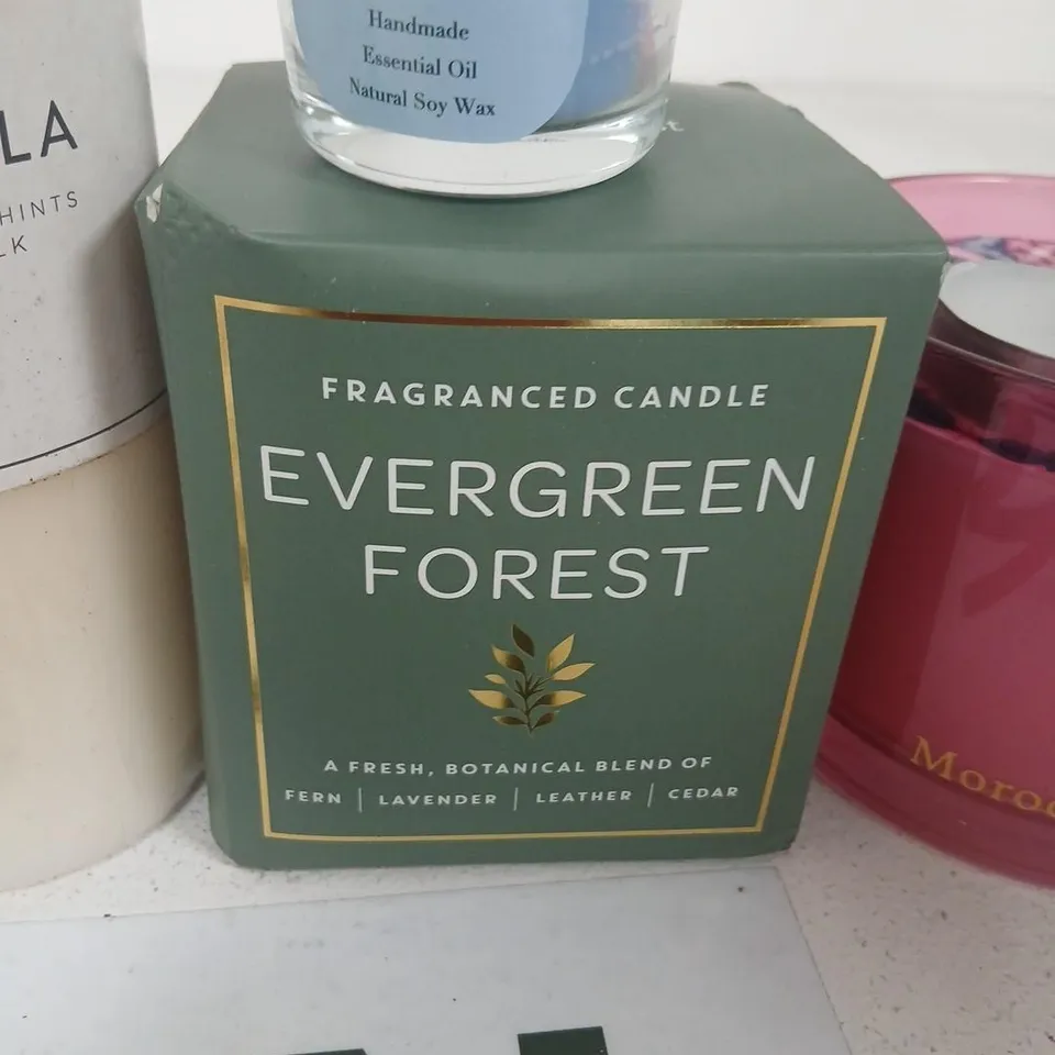 ASSORTED SCENTED CANDLES BUNDLE: OUD & BERGAMOT, SEA, EVERGREEN FOREST, MOROCCAN CLOVES IN TINS AND JARS (BOX INCLUDED)
