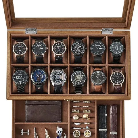 BOXED SONGMICS WATCH BOX WITH 12 SLOTS, 2-TIER WOOD WATCH CASE WITH LARGE GLASS LID - WALNUT 