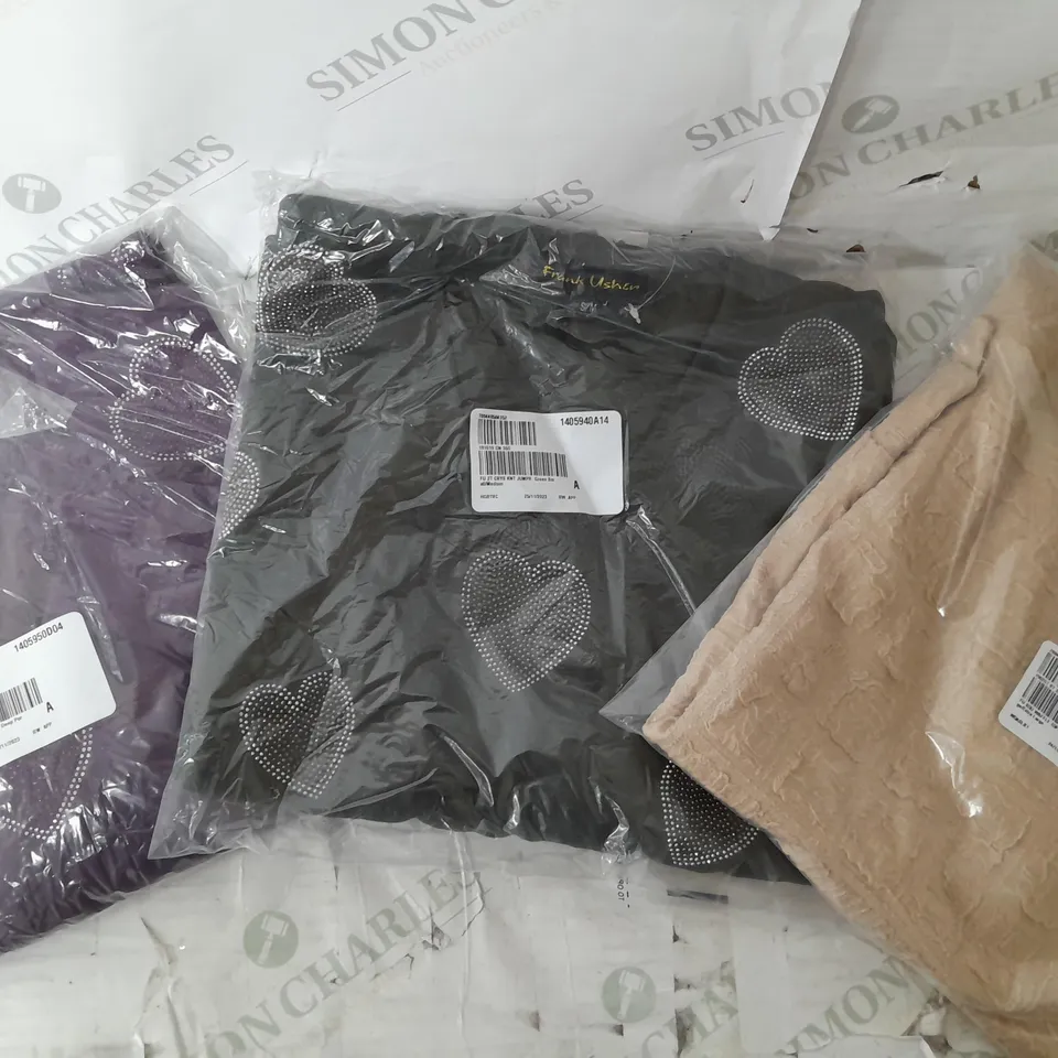 A BOX OF 10 VARIOUS CLOTHING ITEMS INCLUDING 3 FRANK USHER TOPS ETC. 