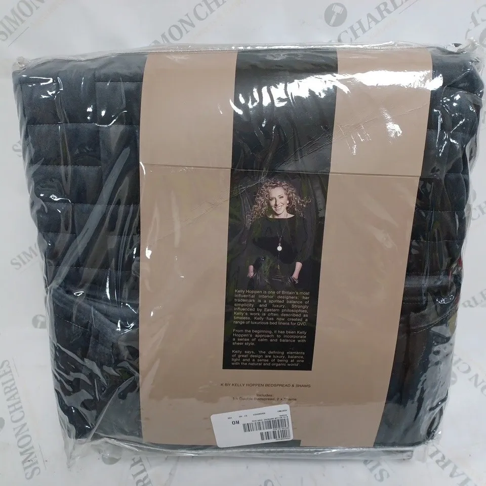 KELLY HOPPEN LUXURY VELVET REVERSIBLE FILLED BEDSPREAD AND SET OF 2 SHAMS, DARK GREY, DOUBLE