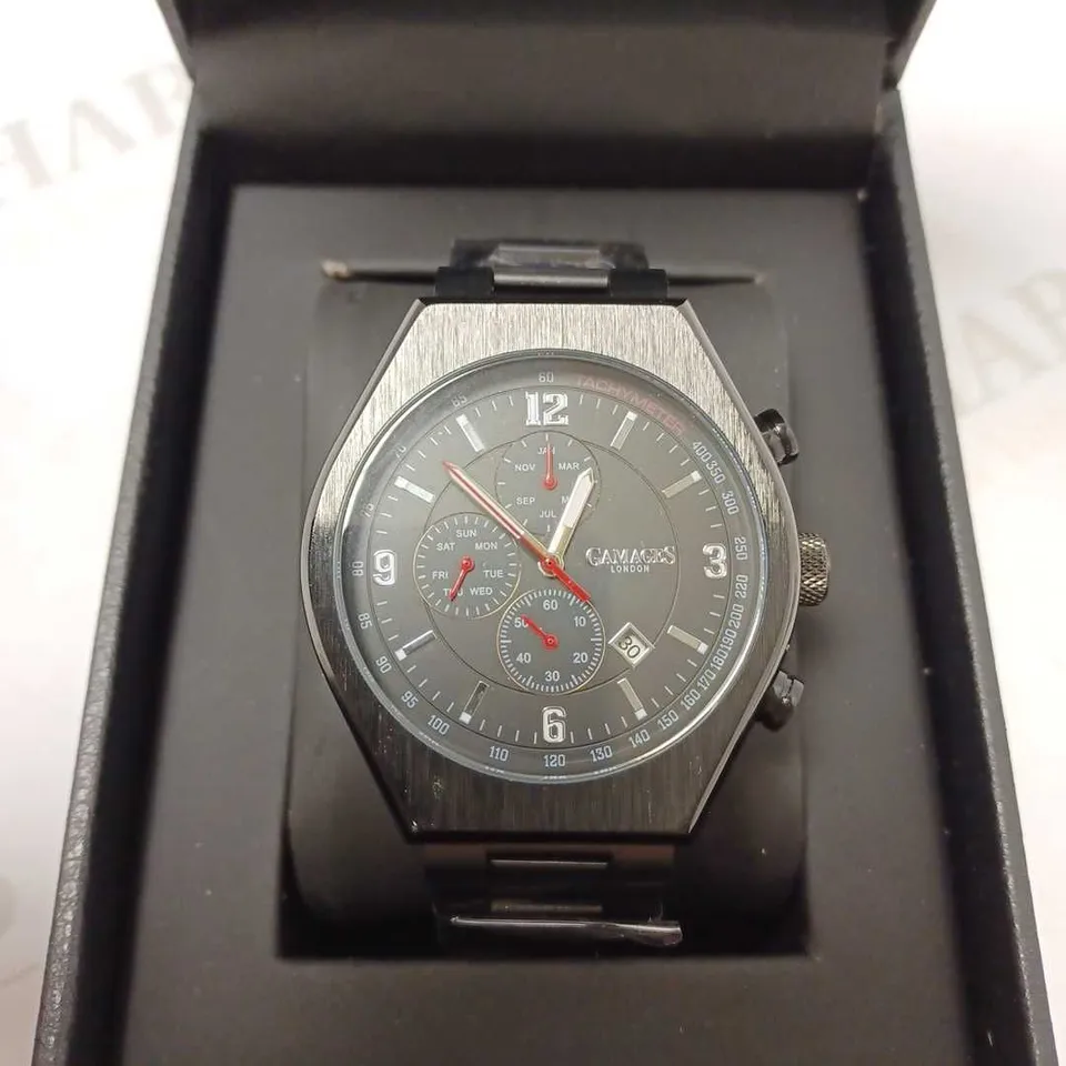 GAMAGES ENTERPRISE BLACK TRIPLE DATE DIAL TACHYMETER BRACELET STRAP WRISTWATCH	