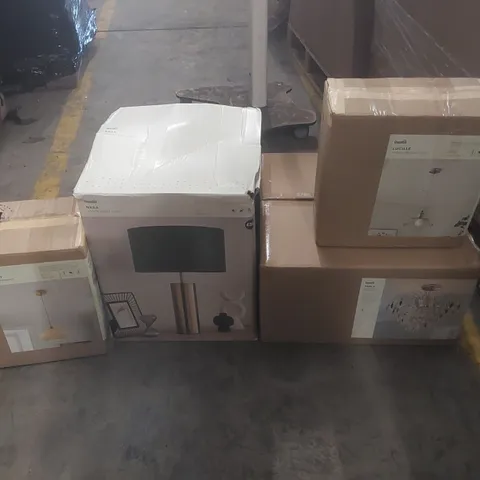 PALLET CONTAINING A VERY LARGE QUANTITY OF ASSORTED DESIGNER LIGHTING PRODUCTS INCLUDING: LUCILLE CEILING LIGHT, PARLA CEILING LIGHT, NESA TABLE LAMP, LACEY GLASS PENDANT ECT