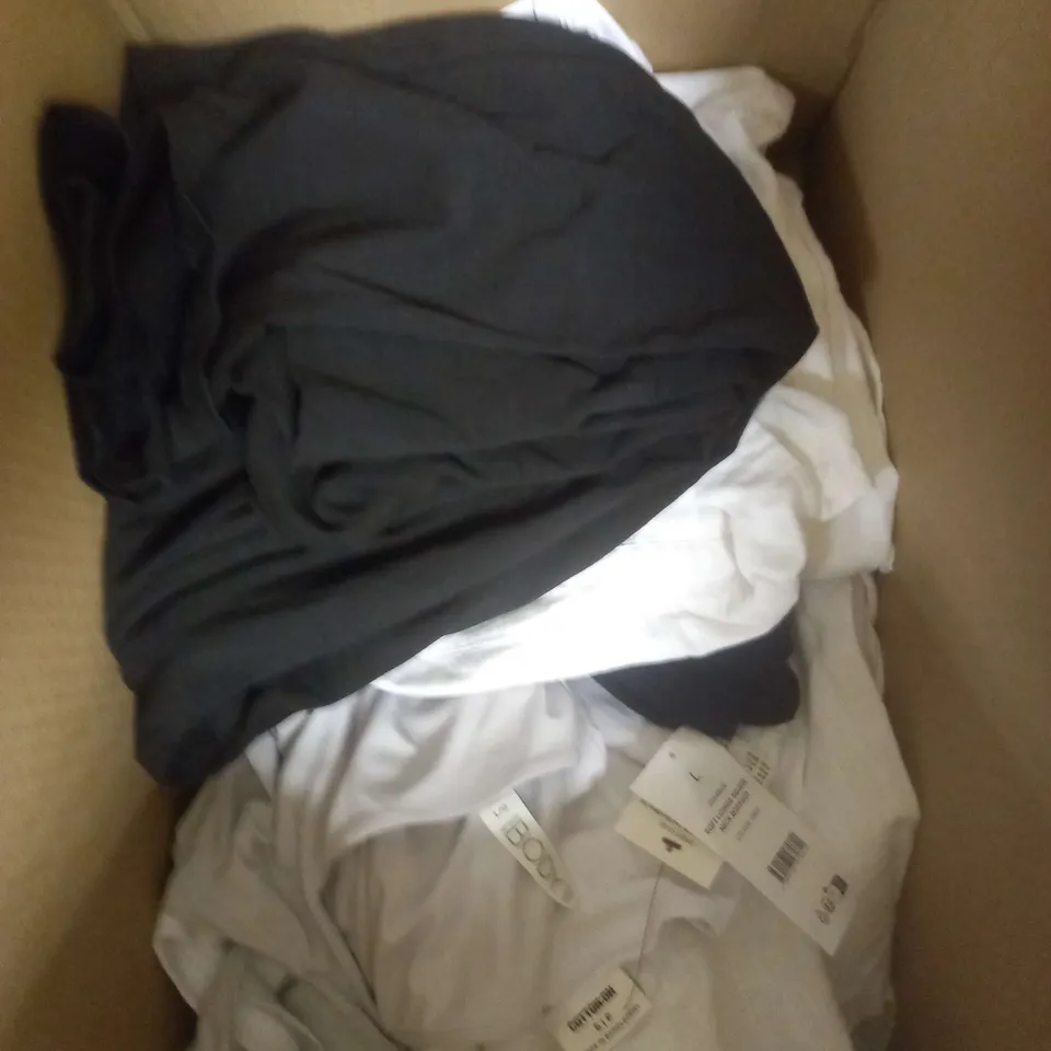 BOX OF APPROXIMATELY 15 ASSORTED HOUSEHOLD/CLOTHING ITEMS TO INCLUDE BAG, TOPS, TROUSERS ETC