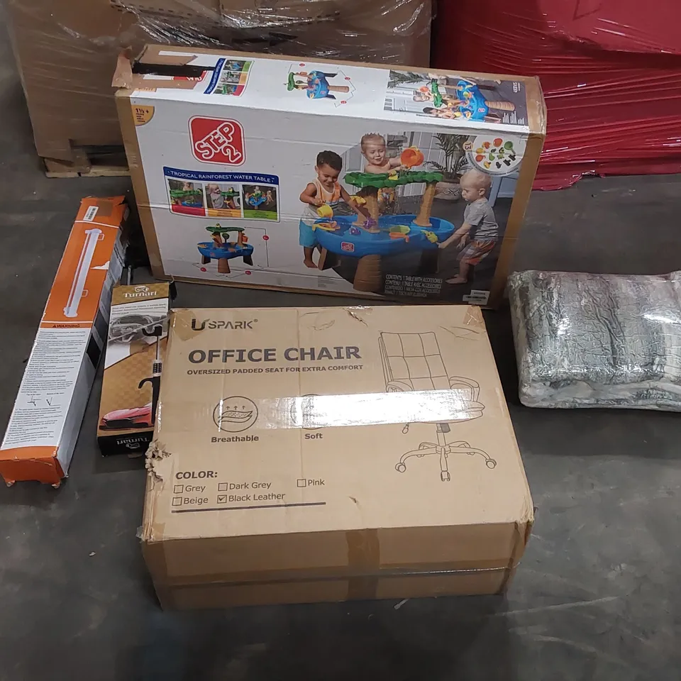 PALLET OF ASSORTED CONSUMER PRODUCTS TO INCLUDE: BABY PLAY SET, OFFICE CHAIR, RUG, STEERING WHEEL LOCK, RETRACTABLE SAFETY GATE ECT