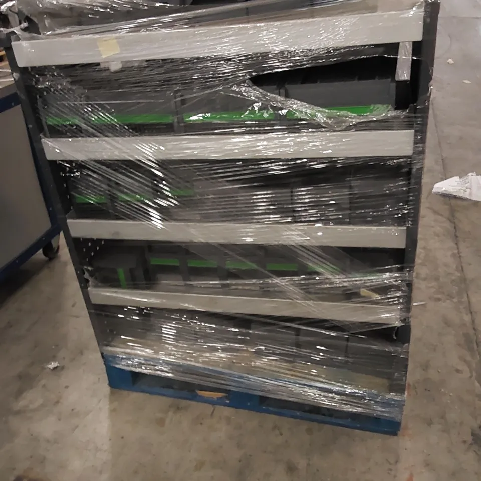 PALLET TO CONTAIN 3 X METAL WORK STORAGE RACKING WITH TUBS