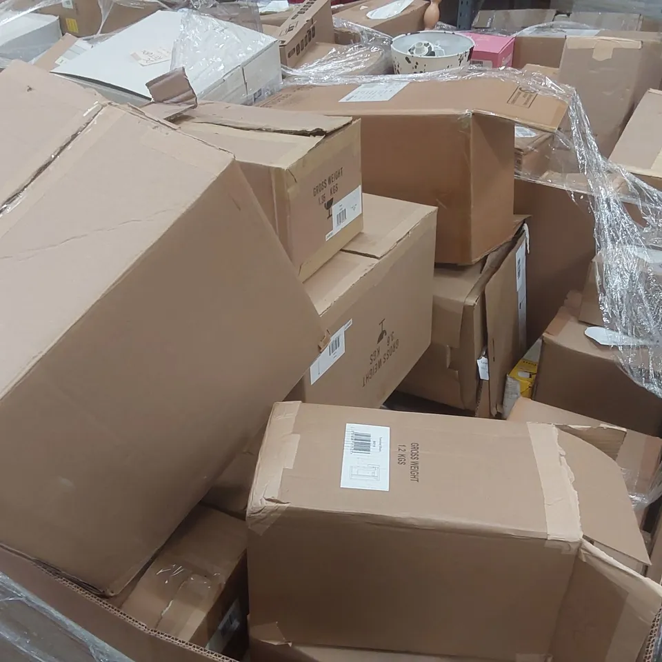 PALLET TO CONTAIN A VERY LARGE QUANTITY OF DESIGNER INDOOR LIGHTING PRODUCTS TO INCLUDE: TABLE LIGHTS, CEILING LIGHTS, WALL LIGHTS ECT