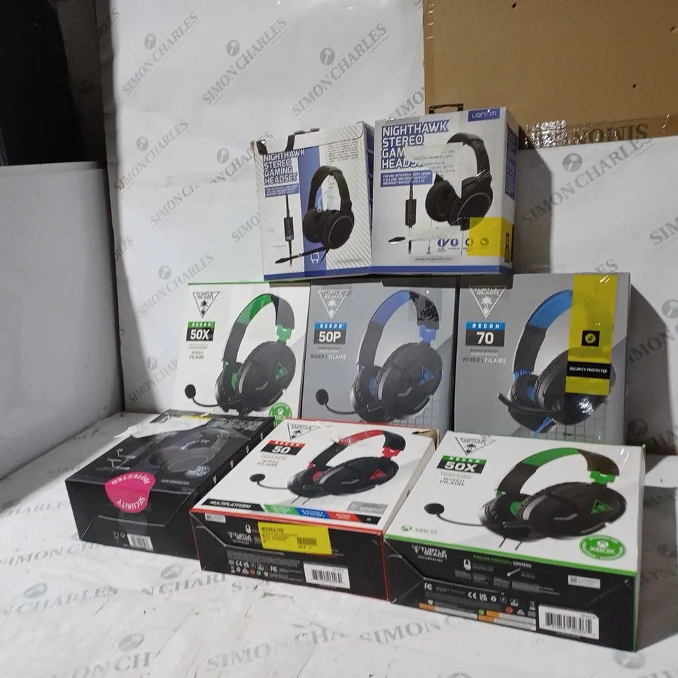 BOX OF 8 ASSORTED BOXED GAMING HEADSETS TO INCLUDE: TURTLE BEACH & VENUM IN VARIOUS COLOURS