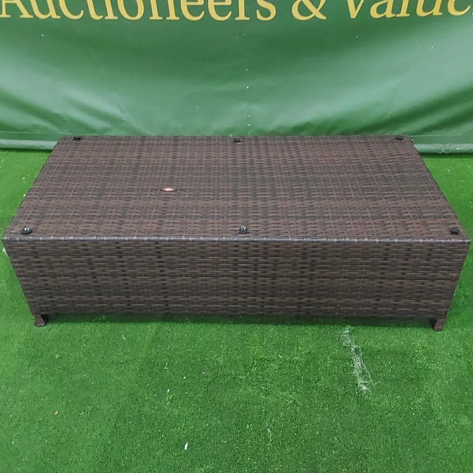 DESIGNER CHOCOLATE MIX RATTAN COFFEE TABLE WITH UNDERSIDE FOOTSTOOLS AND CUSHIONS - MISSING GLASS TOP