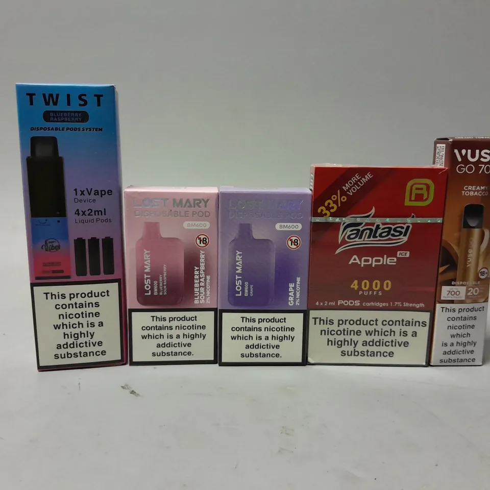 BOX OF APPROXIMATELY 15 VAPES TO INCLUDE - VUSE GO 700 CREAMY TOBACCO , LOST MARY GRAPE , LOST MARY BLUEBERRY SOUR RASPBERRY ETC