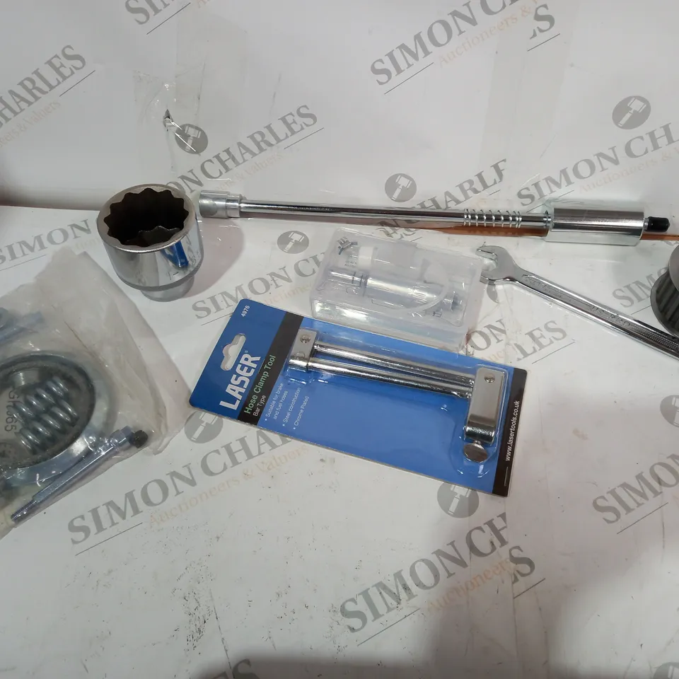 BOX OF APPROX 10 ASSORTED ITEMS INCLUDING TYRE REPAIR KIT, HOSE CLAMP TOOL AND ASSORTED SPANNERS