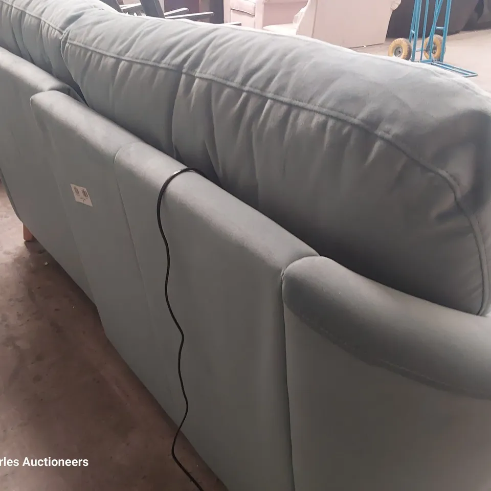 QUALITY BRITISH DESIGNER G PLAN HATTON FORMAL BACK POWER RECLINING THREE SEATER SOFA PLUSH AIRFORCE FABRIC 