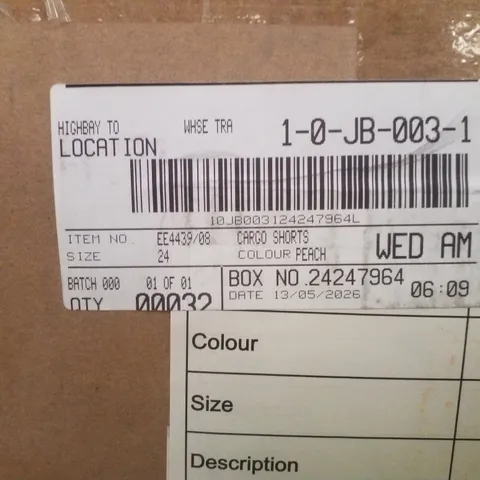BOX CONTAINING APPROXIMATELY 32X BRAND NEW JD WILLIAM'S CARGO SHORTS - COLOUR PEACH - SIZE 24