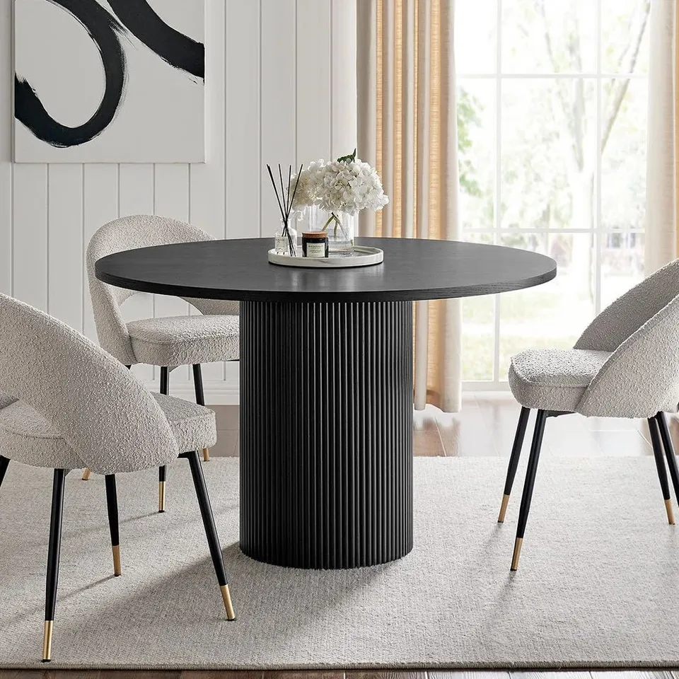 BOXED DUSK HATTIE PANEL ROUND 4-6 SEATER PEDESTAL DINING TABLE - BLACK (2 BOXES)