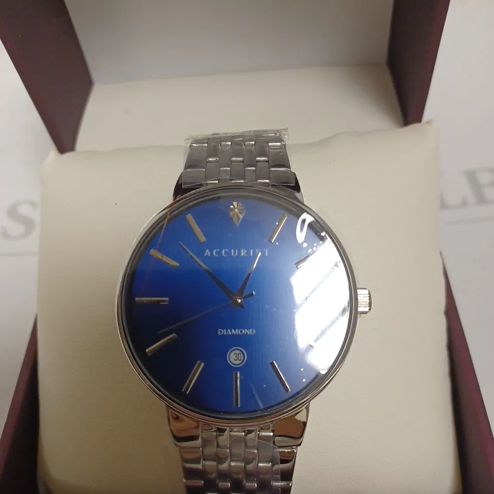 BOXED ACCURIST DIAMOND SILVER WATCH WITH BLUE FACE 