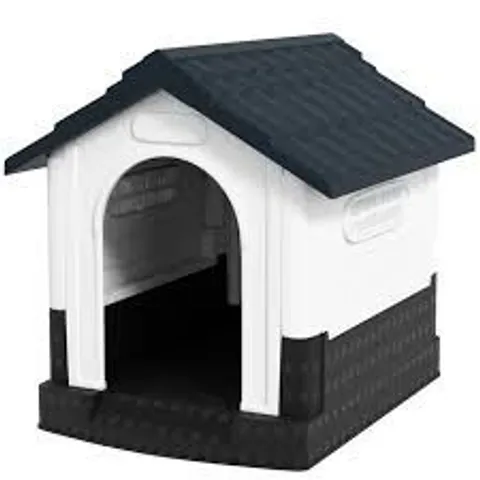 BOXED PAWHUT PLASTIC DOG KENNEL WITH WINDOWS, FOR GARDEN PATIO, MINIATURE AND SMALL DOGS, 80 X 69 X 76CM - GREY