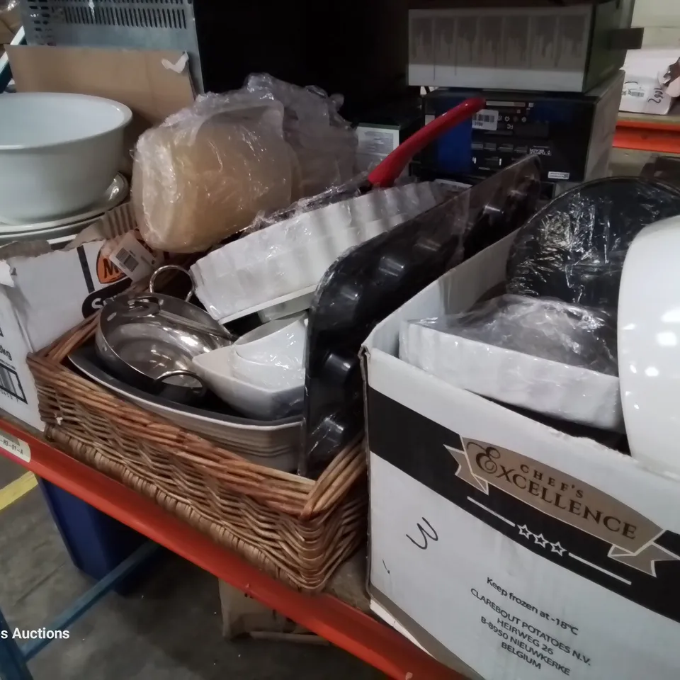 WICKER BREAD BASKET & 2 BIXES OF ASSORTED CROCKERY & CATERING SUNDRIES