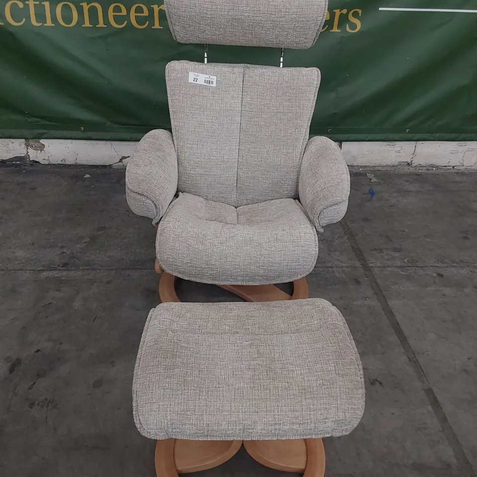 QUALITY BRITISH DESIGNER G PLAN BERGEN CHAIR & FOOTSTOOL FARROW HAZE FABRIC