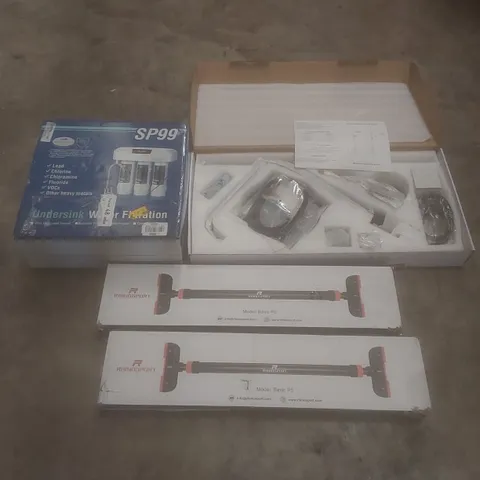 PALLET OF ASSORTED HOUSEHOLD GOODS AND PRODUCTS TO INCLUDE; DOOR WAY CHIN-UP BARS, SHOWER RISER RAIL KIT, UNDERSINK WATER FILTRATION, BOXED FURNITURE ETC