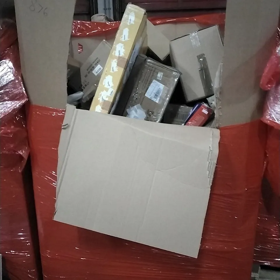 PALLET OF HOUSEHOLD ITEMS TO INCLUDE DRAWERS ORGANISER'S, WALL CLOCK, UNDER DESK ELECTRIC ELLIPTICAL TRAINER, PLAYPEN AND OTHER ASSORTED ITEMS...