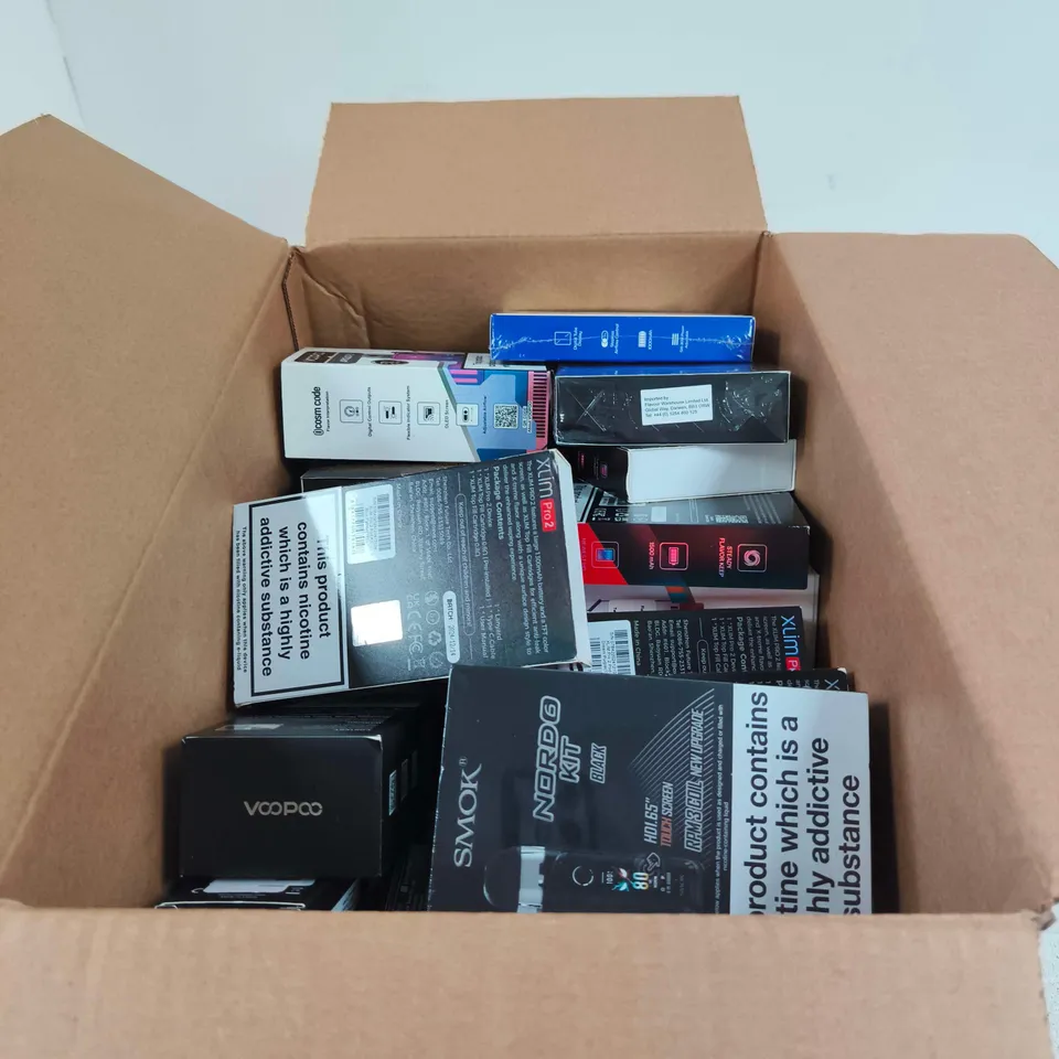 BOX OF APPROXIMATELY 25 ASSORTED E-CIGARETTES AND COMPONENTS TO INCLUDE OXVA EVOLV, SMOK, VOOPOO