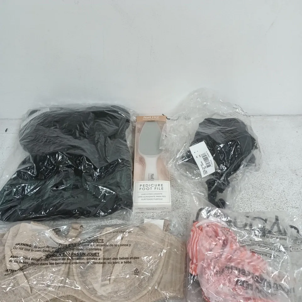 BOX OF APPROXIMATELY 30 ASSORTED ITEMS INCLUDING WACOAL BRA, NAIL HQ PEDICURE FOOT FILE AND A TRENDYOL JUMPER