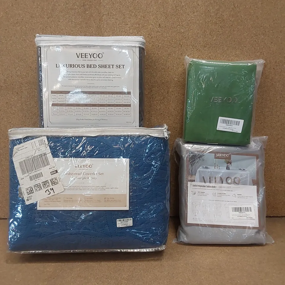 BOX TO CONTAIN APPROX 15 X ASSORTED VEEYOO TEXTILES TO INCLUDE BEDDING SETS AND TABLECLOTHS - SIZES AND COLOURS VARY