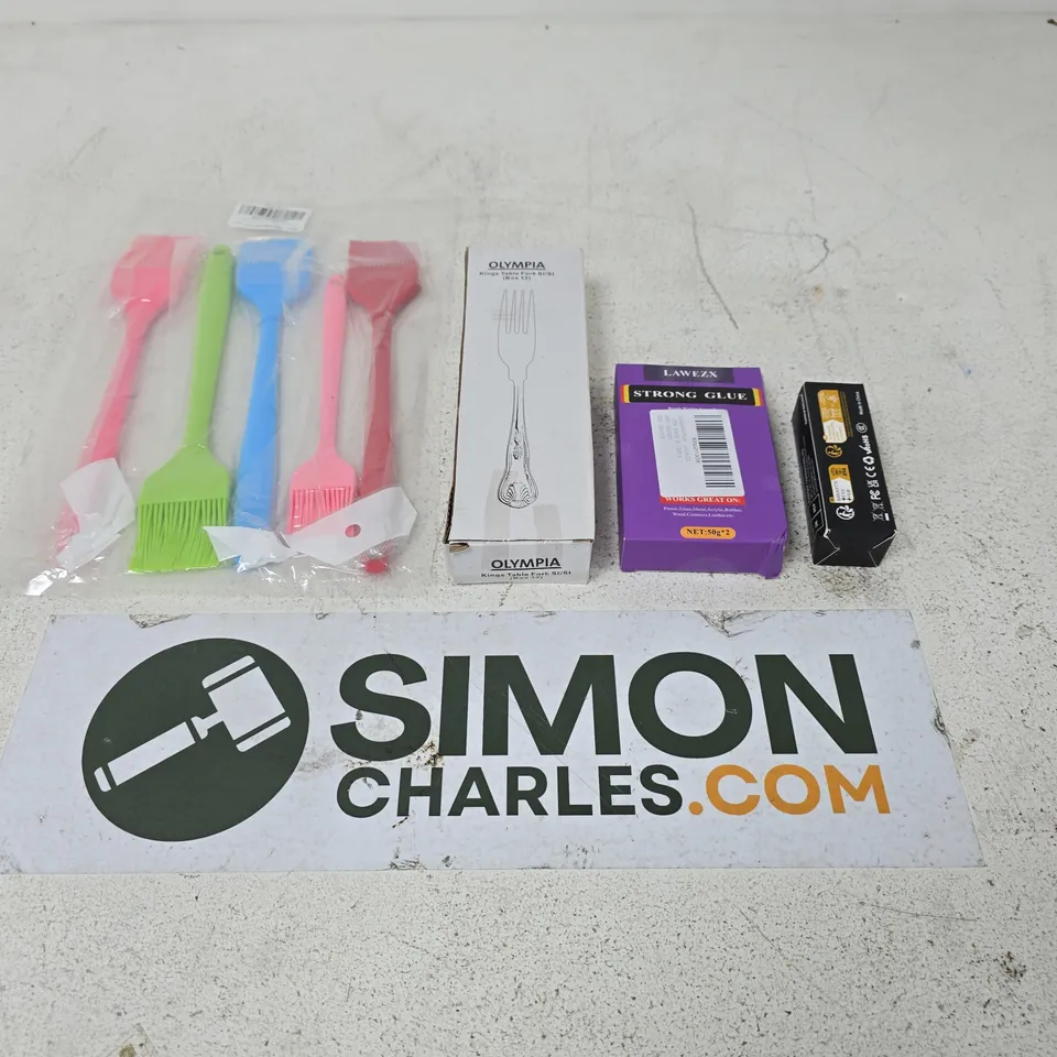 APPROXIMATELY 15 ASSORTED HOUSEHOLD PRODUCTS TO INCLUDE SILICONE BRUSH SET, OLYMPIA KINGS TABLE FORKS AND LAWEZX STRONG GLUE
