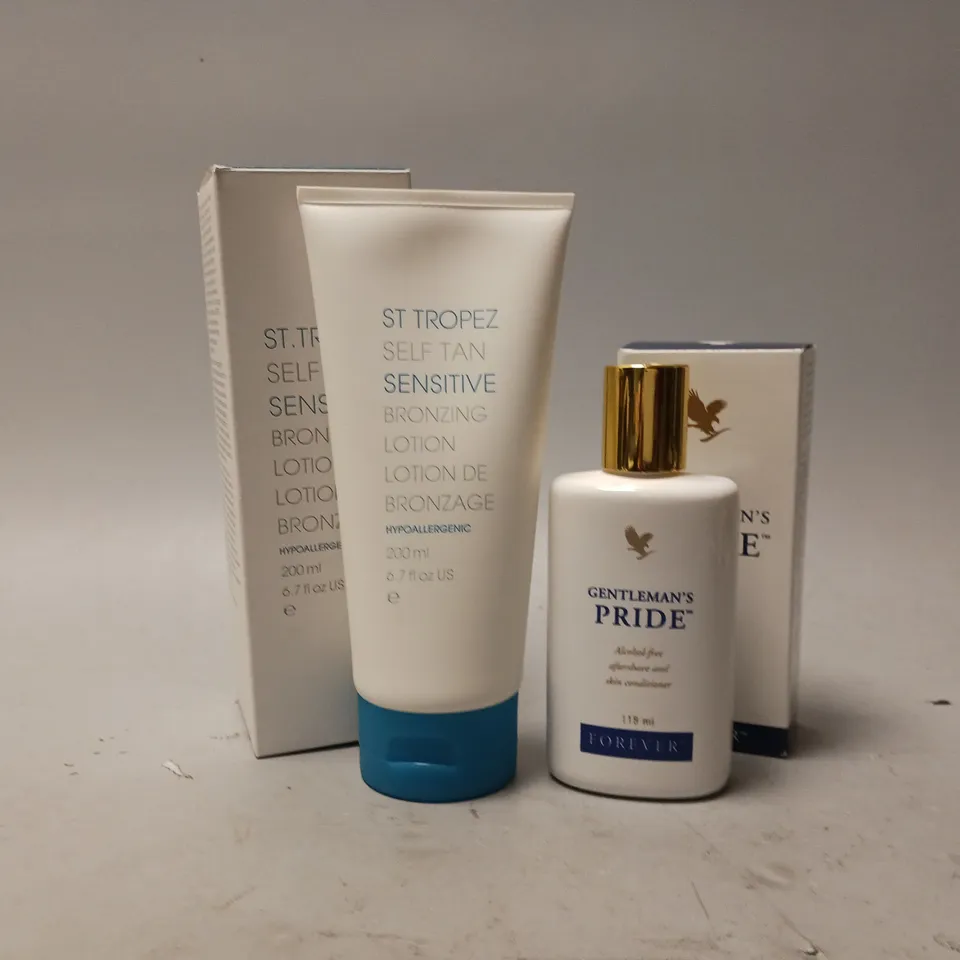2 BOXED BEAUTY PRODUCTS TO INCLUDE ST TROPEZ SELF TAN BRONZING LOTION 200ML, GENTLEMAN'S PRIDE FOREVER AFTERSHAVE & SKIN CONDITIONER 118ML