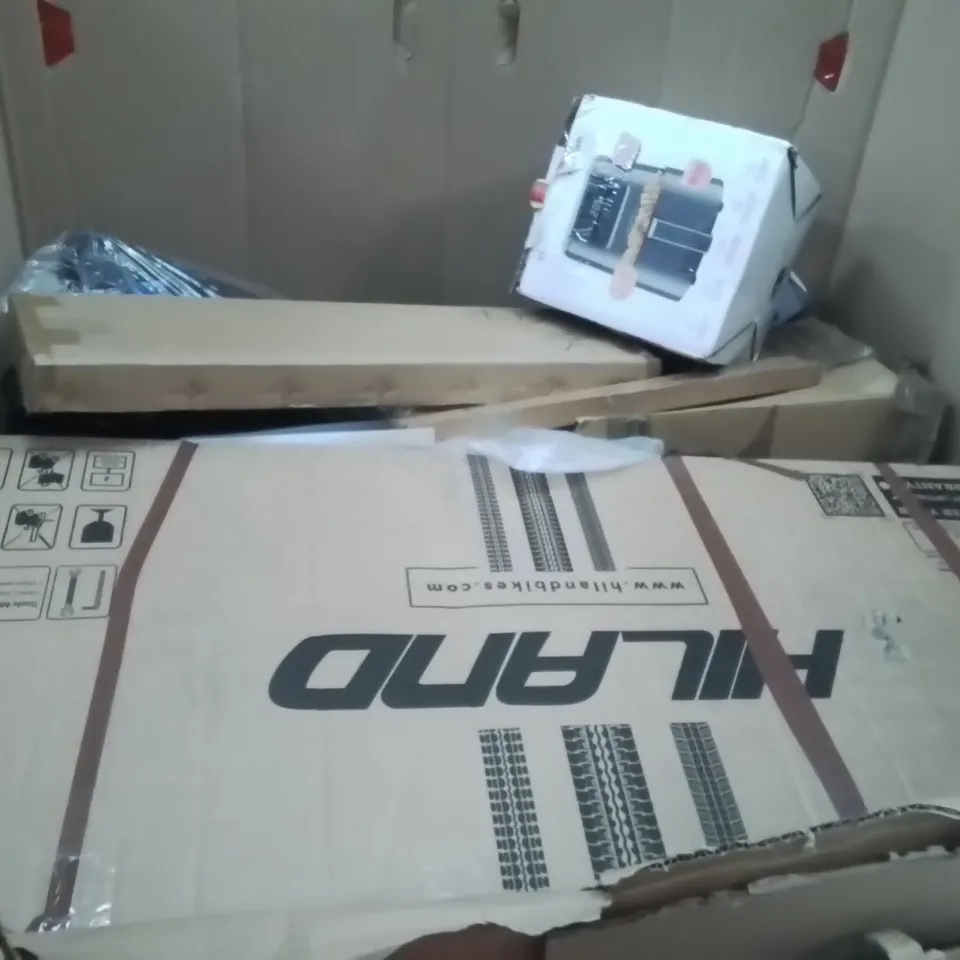 PALLET OF ASSORTED HOUSEHOLD GOODS AND PRODUCTS TO INCLUDE;HILAND BICYCLE,OFFICE DESK,AIRFRYER