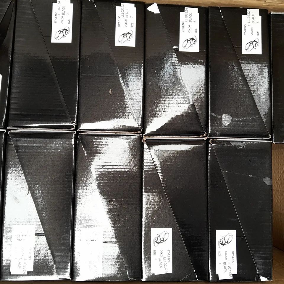 BOX OF APPROXIMATELY 12 PAIRS OF GEMZ LONDON OPEN TOE STRAPPY HIGH HEEL SANDALS IN BLACK/METALLIC SILVER W. JEWEL EFFECT - VARIOUS SIZES
