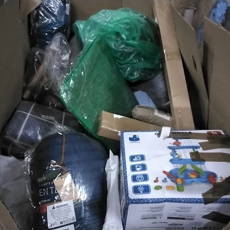 PALLET CONTAINING ASSORTED ITEMS TO INCLUDE: KNITTING MACHINE, MAGIC STATION TRAIN SET, KIDS WATER TABLES, SLEEPING BAGS, KIDS TENT ETC