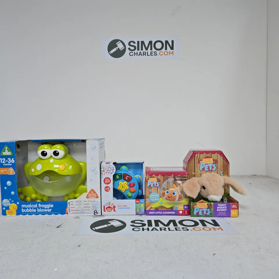 BOX OF APPROXIMATELY 10 ASSORTED TOYS INCLUDING ELC MUSICAL FROGGIE BUBBLE BLOWER, PITTER PATTER PETS BUSY LITTLE CLOWNFISH AND LITTLE LOT BABY'S FIRST TAMBOURINE