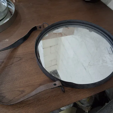 MARSTON WALL HANGING MIRROR WITH BLACK FRAME & LEATHER STRAP 40CM