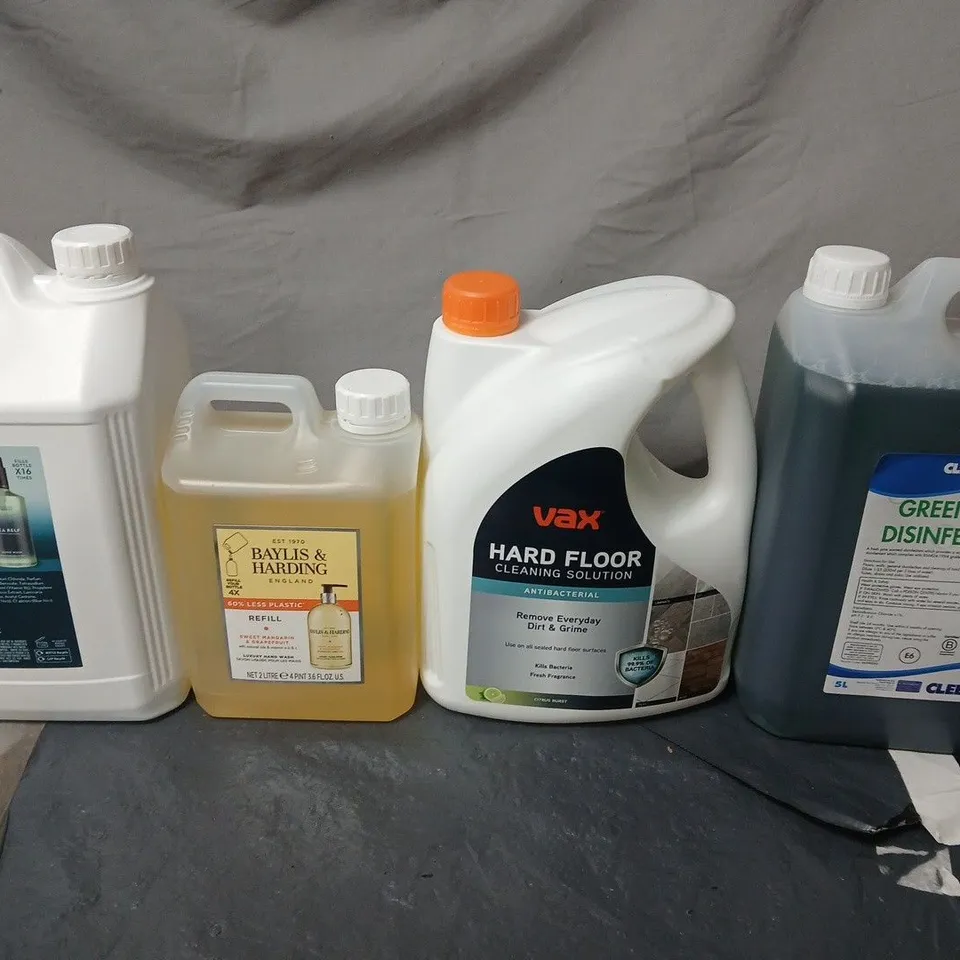APPROXIMATELY 4 ASSORTED HOUSEHOLD CLEANING LIQUIDS: SEA KELP HAND WASH REFILL, BAYLIS & HARDING HAND WASH, VAX HARD FLOOR CLEANING SOLUTION, GREEN PINE DISINFECTANT