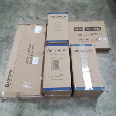 PALLET OF ASSORTED HOUSEHOLD ITEMS AND CONSUMER PRODUCTS TO INCLUDE; A LARGE QUANTITY OF AIR COOLERS, SOLAR PANEL, BATHROOM MIRROR, CHILD'S CAR SEAT ETC