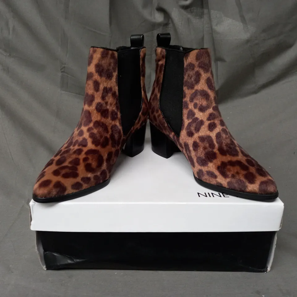 BOXED PAIR OF NINE WEST TAYE SYNTHETIC ANKLE BOOTS IN ANIMAL PRINT EU SIZE 35
