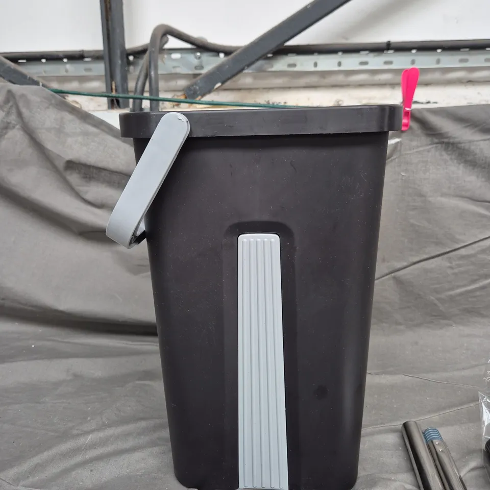 BLACK PLASTIC STORAGE BIN WITH GREY LID AND RIBBED FRONT PANEL WITH FLOOR DUSTER 