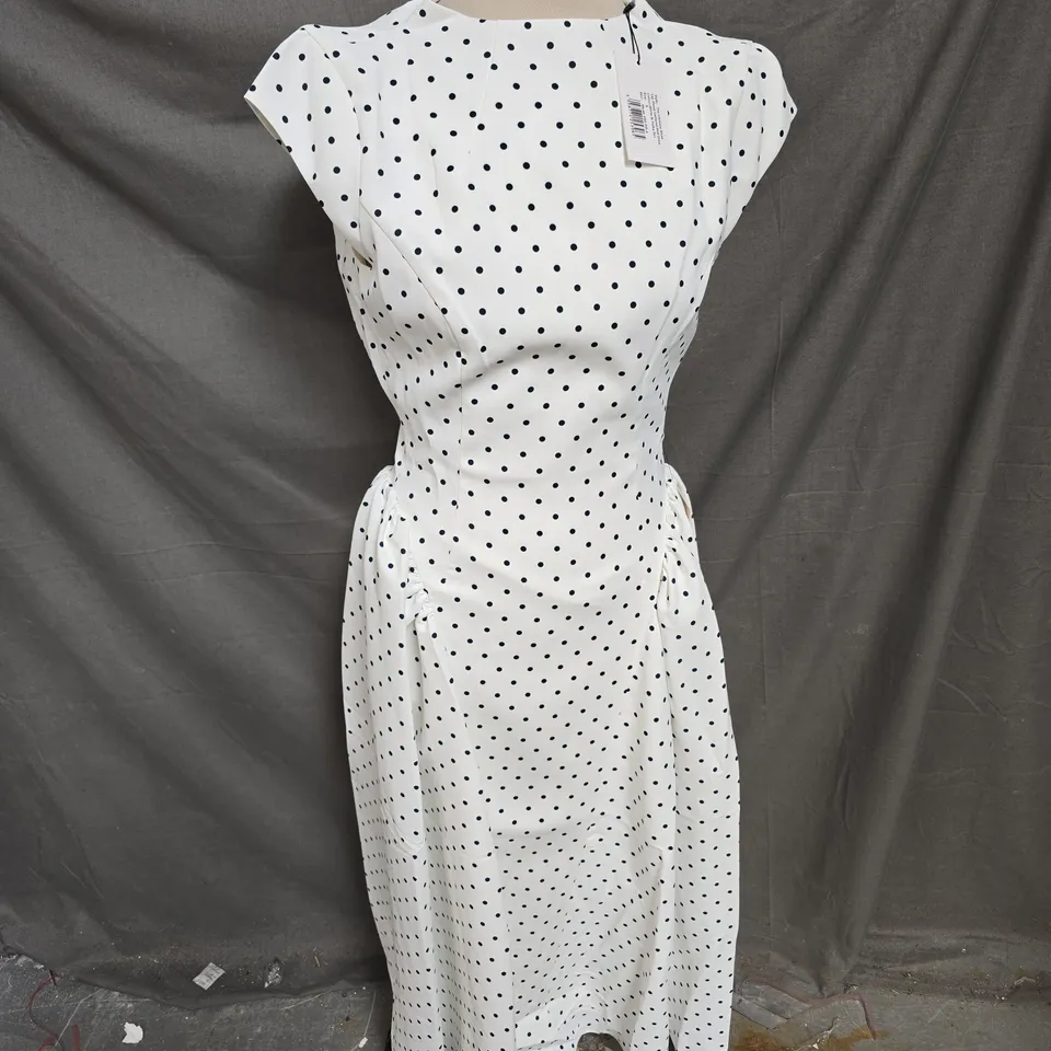 ODDMUSE THE ULTIMATE MUSE CAP SLEEVE GATHERED MIDI DRESS IN WHITE POLKA DOT SIZE S