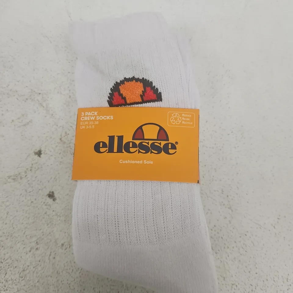 ELLESSE 3 PACK CREW SOCKS – CUSHIONED SOLE, UK 3–5.5