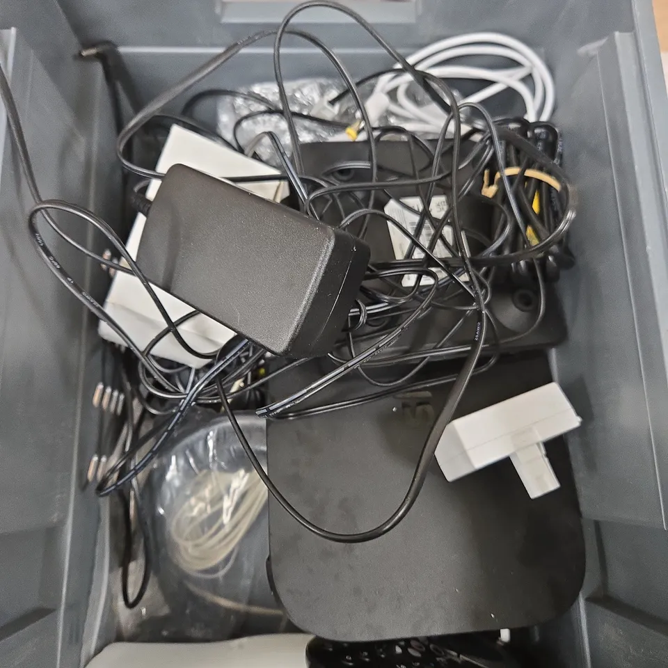 APPROXIMATELY 15 ASSORTED ELECTRICAL PRODUCTS TO INCLUDE REMOTE CONTROLS, TELEPHONE CABLES AND WIFI ROUTERS