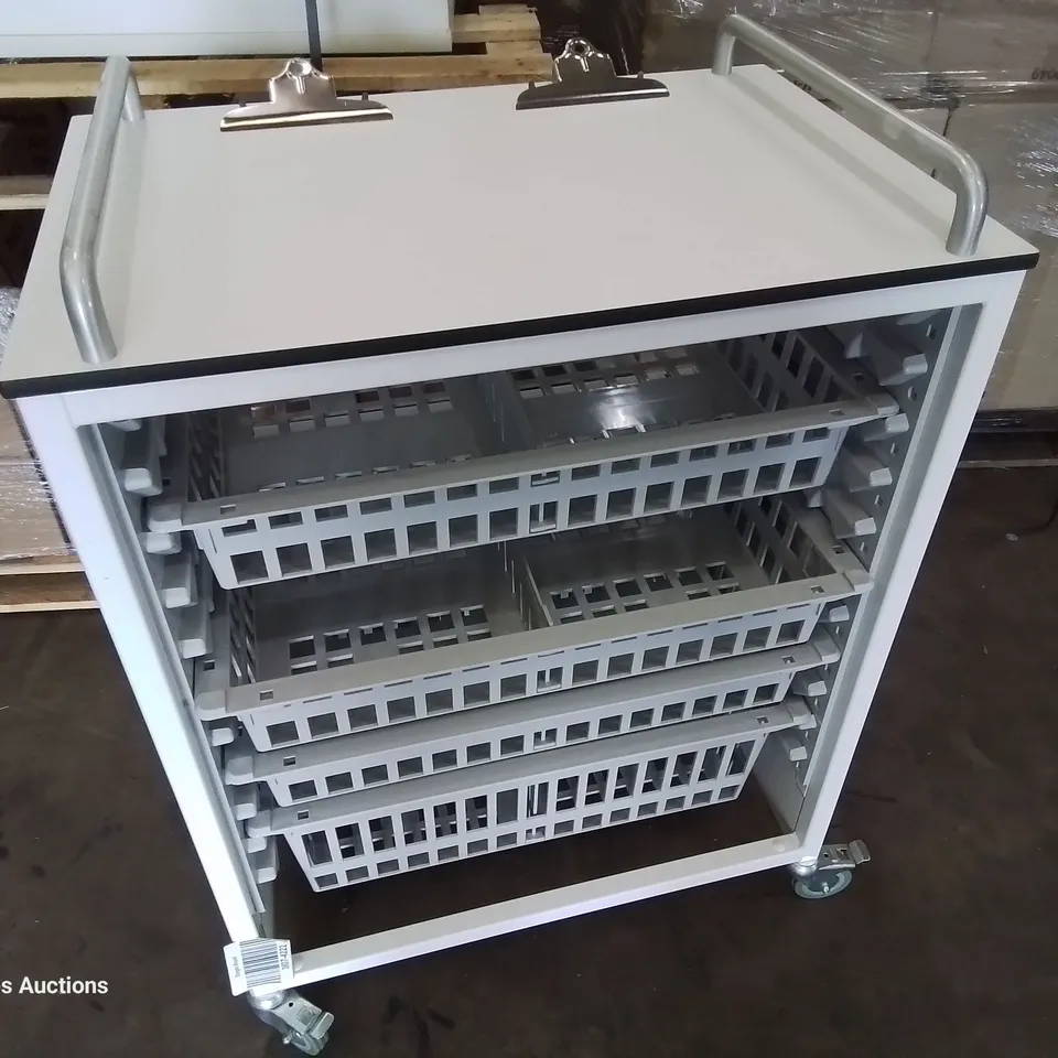 MEDICAL TROLLEY WITH 4 TRAYS & DOUBLE CLIPBOARD TOP