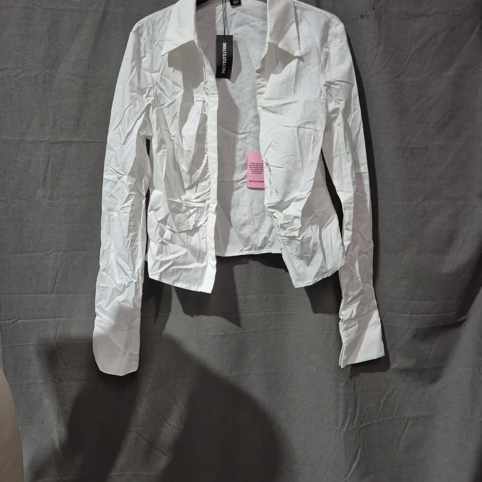 PRETTYLITTLETHING WHITE SHIRT, UK 12 – LONG-SLEEVE
