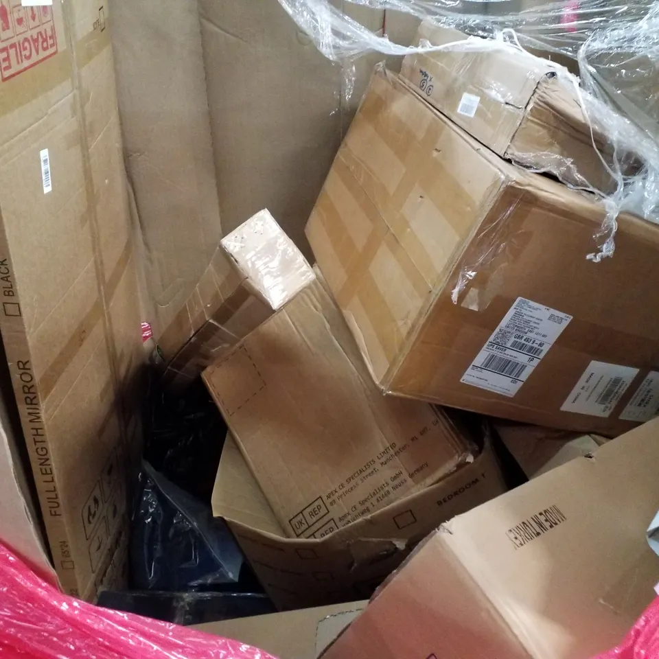 PALLET OF ASSORTED PRODUCTS INCLUDING FOLDING WAGON, INFRARED TOWER HEATER, CEILING FAN, INDUCTION POT, FULL LENGTH MIRROR 
