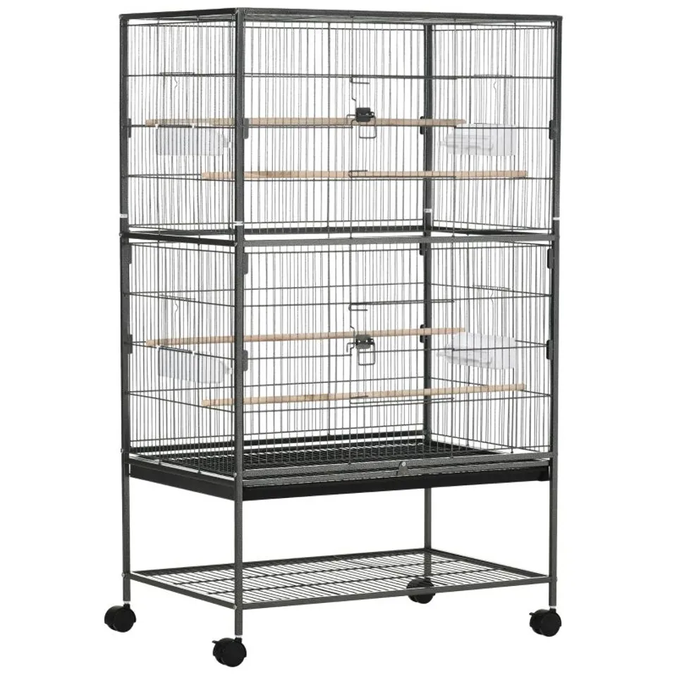 BOXED PAWHUT LARGE BIRD CAGE BUDGIE CAGE FOR FINCH CANARIES PARAKEET WITH ROLLING STAND, SLIDE-OUT TRAY, STORAGE SHELF, FOOD CONTAINERS, DARK GREY (1 BOX)