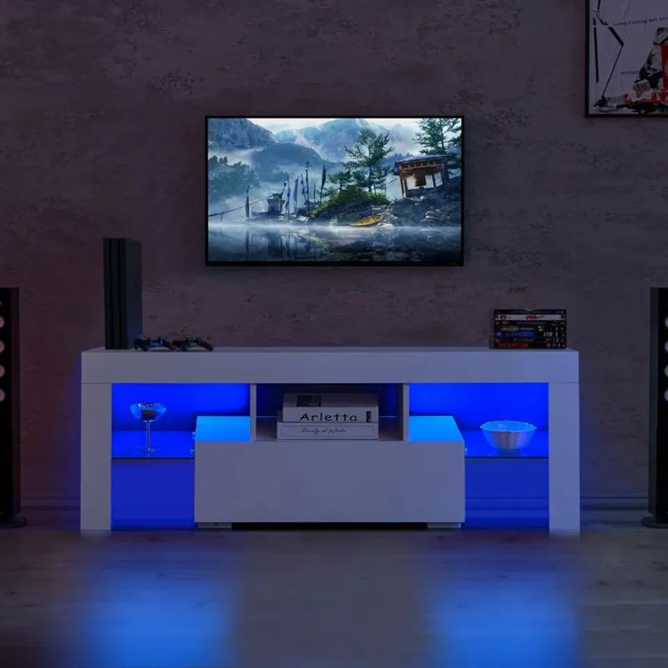 BOXED ASHANTIANA TV STAND CABINET, 130X45X34CM HIGH GLOSS TV UNIT WITH LED LIGHTS - WHITE (1 BOX)