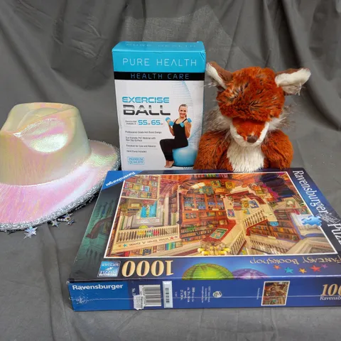 LARGE QAUNTIITY OF ASSORTED TOYS AND GAMES TO INCLUDE TEDDIES, JIGSAWS AND EXERCISE BALL