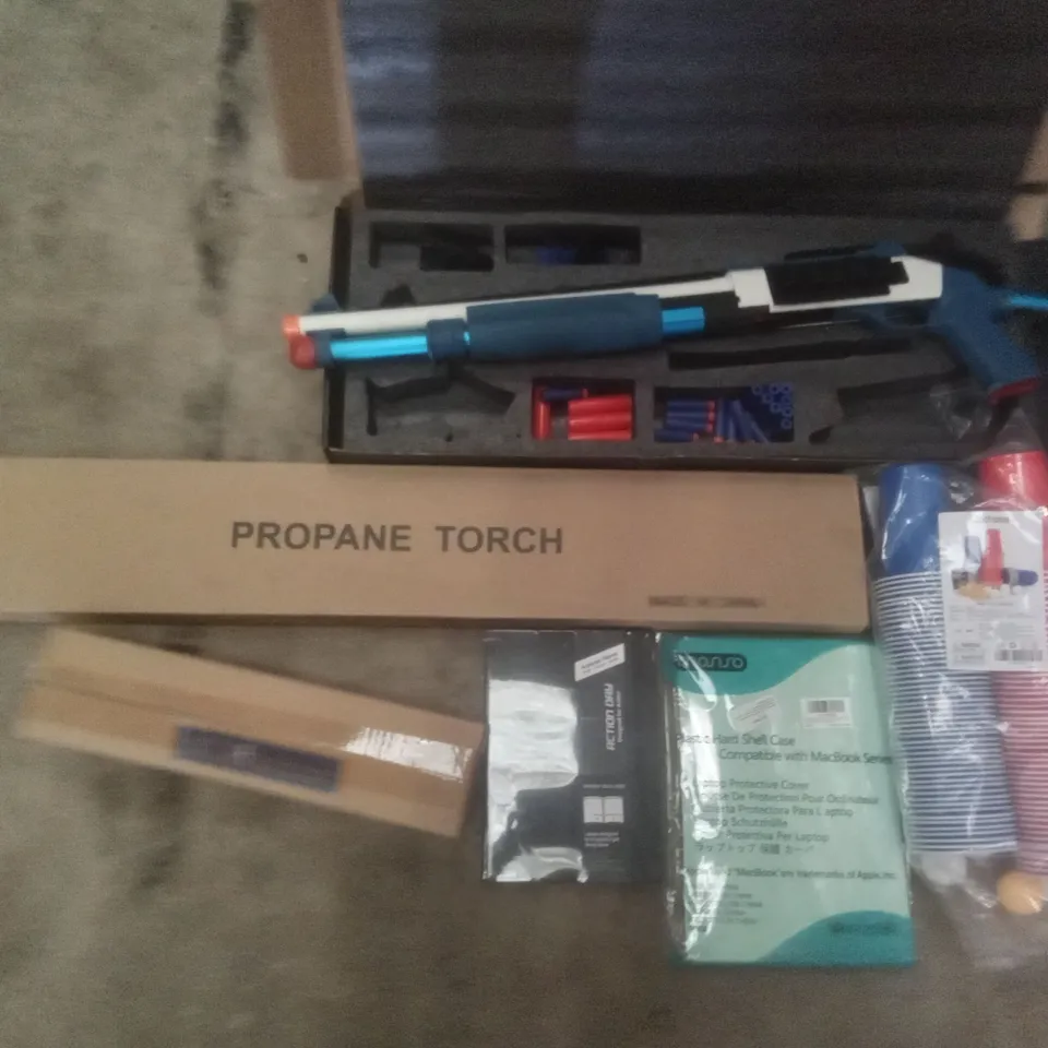 PALLET OF ASSORTED ITEMS INCLUDING PROPANE TORCH, TOY SHOTGUN, BEER PONG CUP SET, HARD SHELL LAPTOP CASE, ACTION DAY ACADEMIC PLANNER, CURTAIN ROD WALL MOUNT