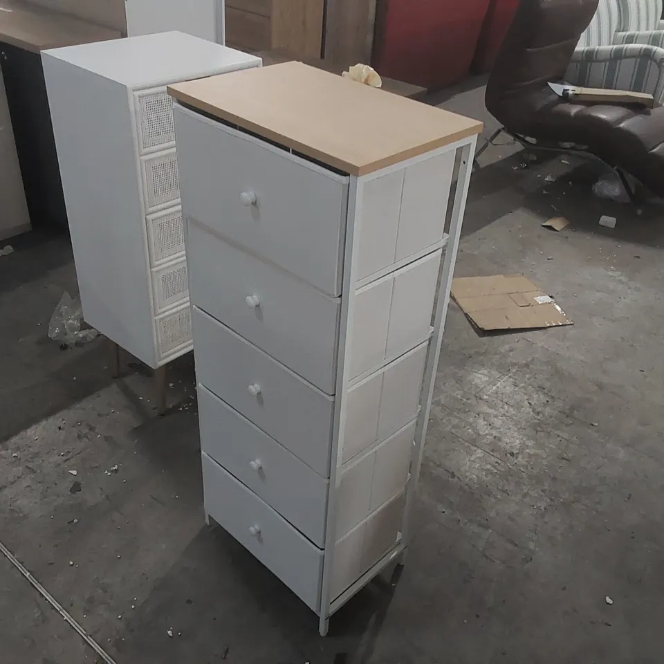 CHEST OF DRAWERS BEDROOM, DRAWER STORAGE UNIT, DRESSER WITH 5 FABRIC DRAWERS, METAL FRAME, TALL AND SLIM, FOR CLOSET, DOVE GREY AND CREAM WHITE