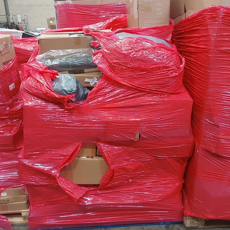 PALLET OF ASSORTED HOUSEHOLD ITEMS AND CONSUMER PRODUCTS TO INCLUDE; TRITON SHOWER, EXERCISE BIKE, UTENSIL SET, BOXED FURNITURE ETC 
